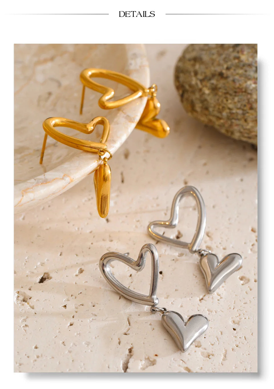 Heart earrings in gold-plated stainless steel.