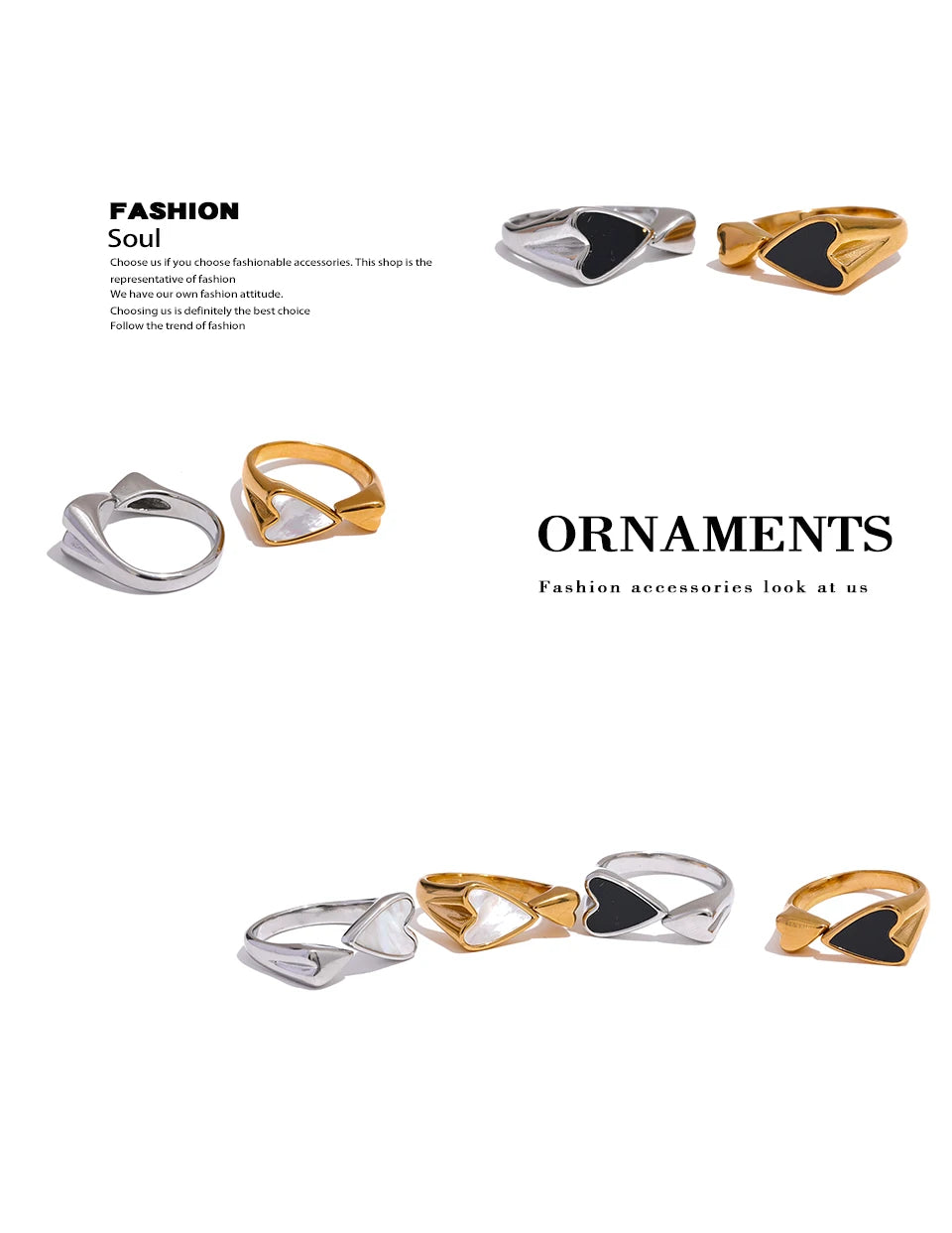 Shell acrylic heart ring in 18K gold-plated stainless steel with shell and acrylic.