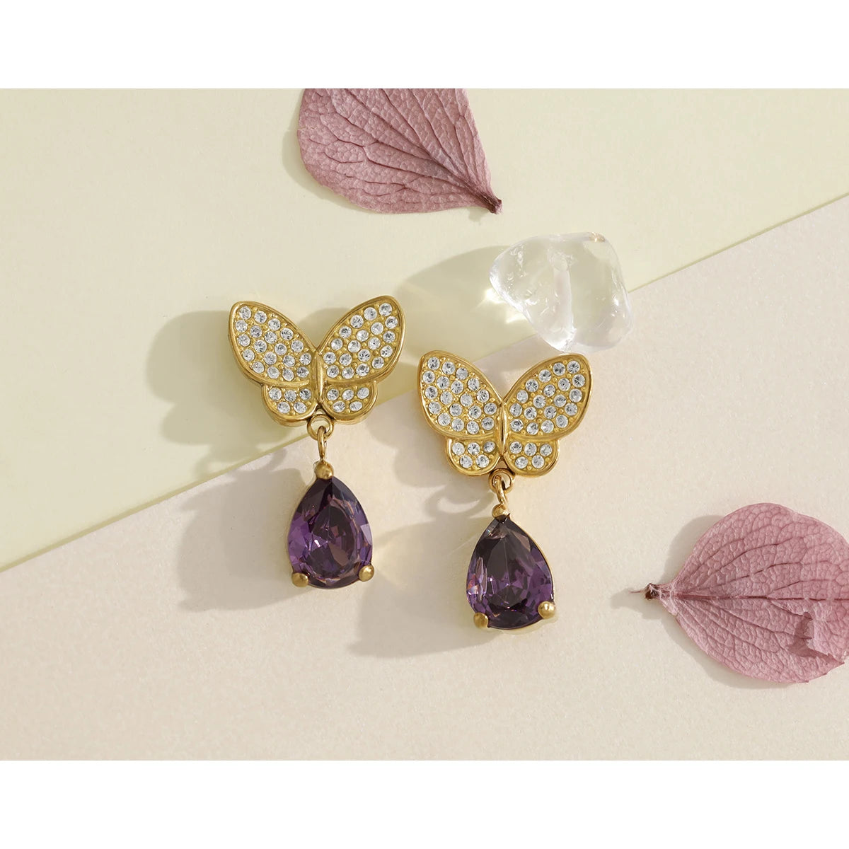 Purple Zircon Crystal Earrings — 316L Stainless Steel · PS481