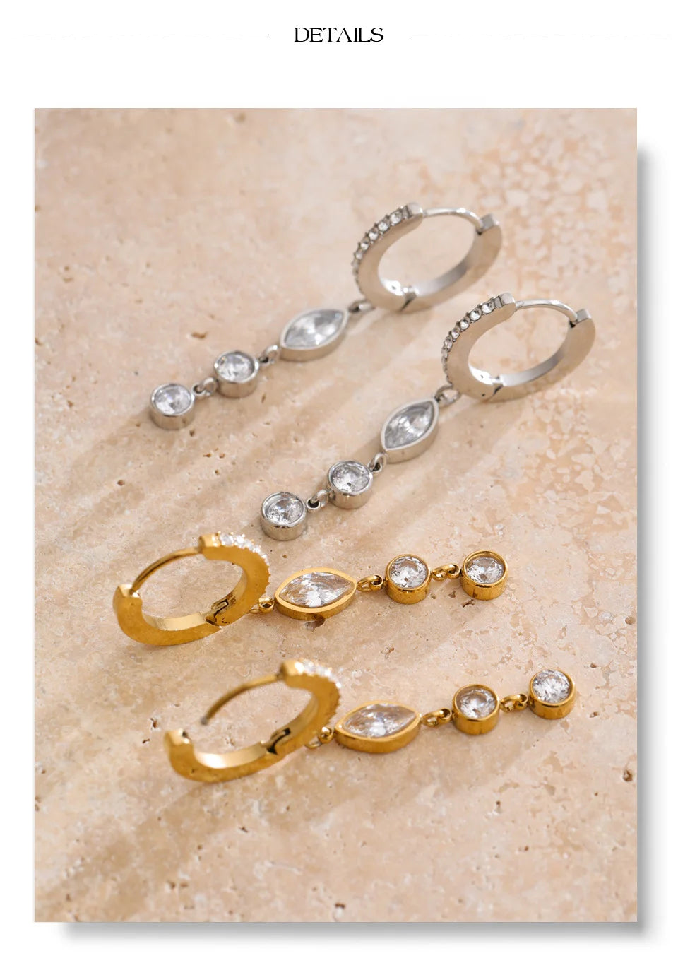 Cubic zirconia geometric chain earrings in gold-plated stainless steel with cubic zirconia.