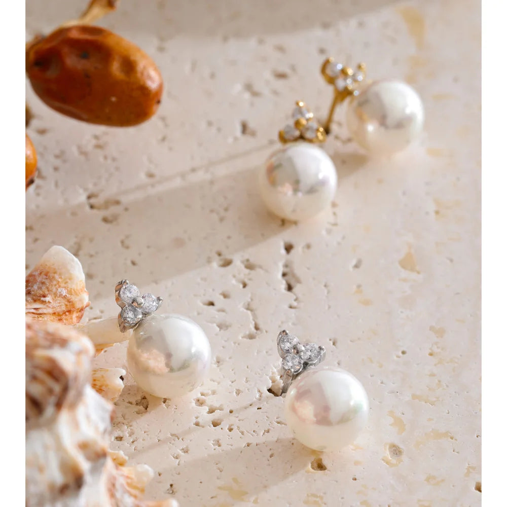 Cubic Zirconia Pearl Geometric Earrings — Gold-Plated Stainless Steel with Pearl and Cubic Zirconia · PS1862
