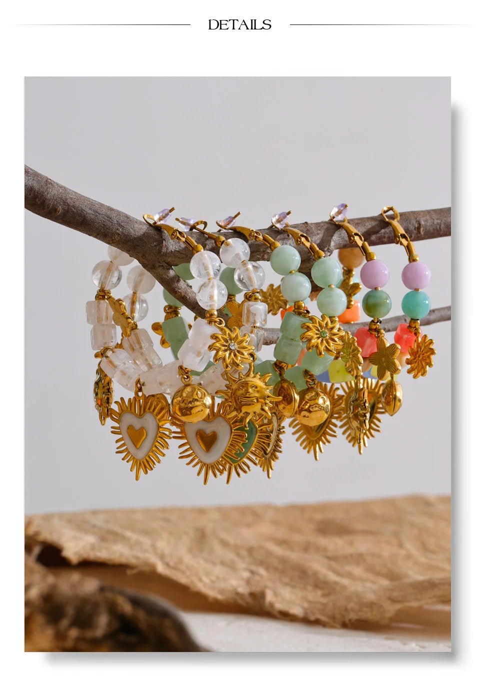 Resin acrylic heart earrings in gold-plated stainless steel with resin and acrylic.