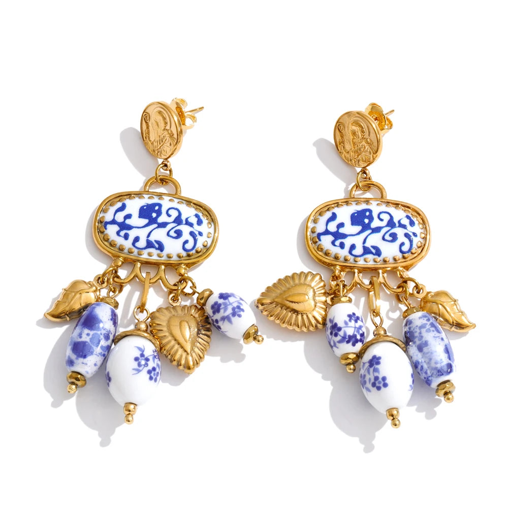 Blue heart flower earrings in gold-plated stainless steel.