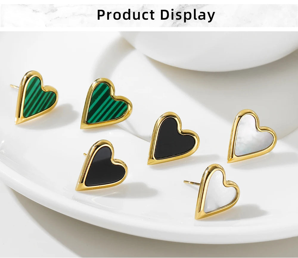 Stud Earrings Heart Vintage Green Natural Stone — 316L Stainless Steel · PS422