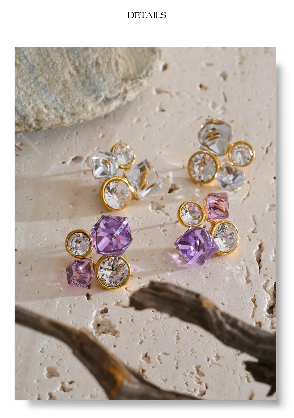 White crystal geometric earrings in gold-plated stainless steel with crystal.
