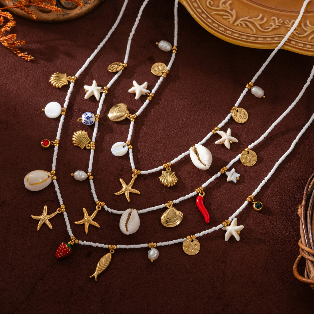 Bohemian Beach Shell Necklace Imitation Pearl Sea Star Conch Pendant Necklace Jewelry Gold Plated