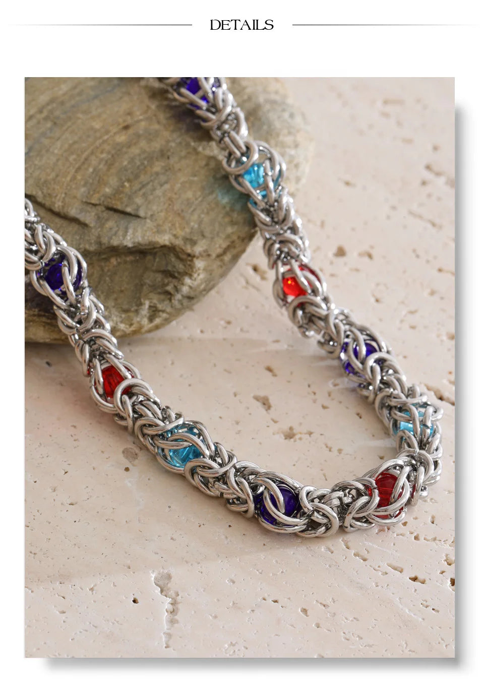 Glass natural stone multi-color necklace in gold-plated stainless steel with natural stone.