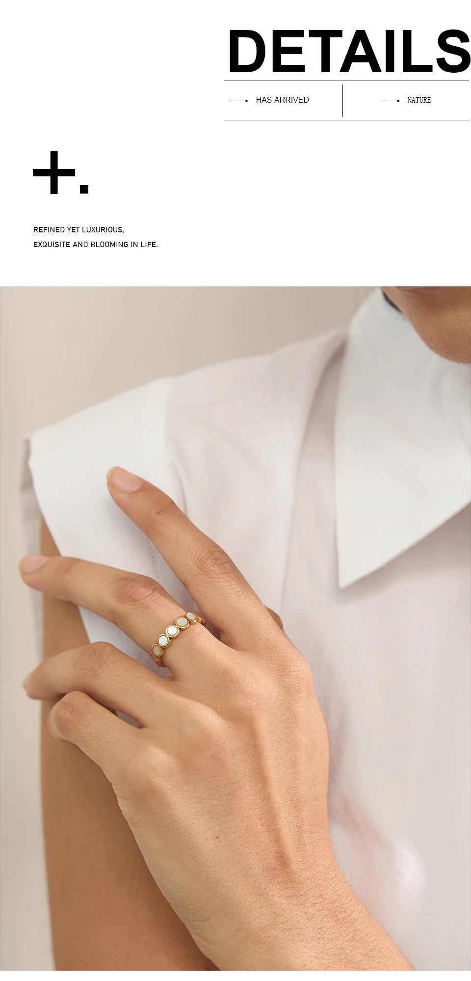 Shell geometric ring in 18K gold-plated stainless steel with shell.