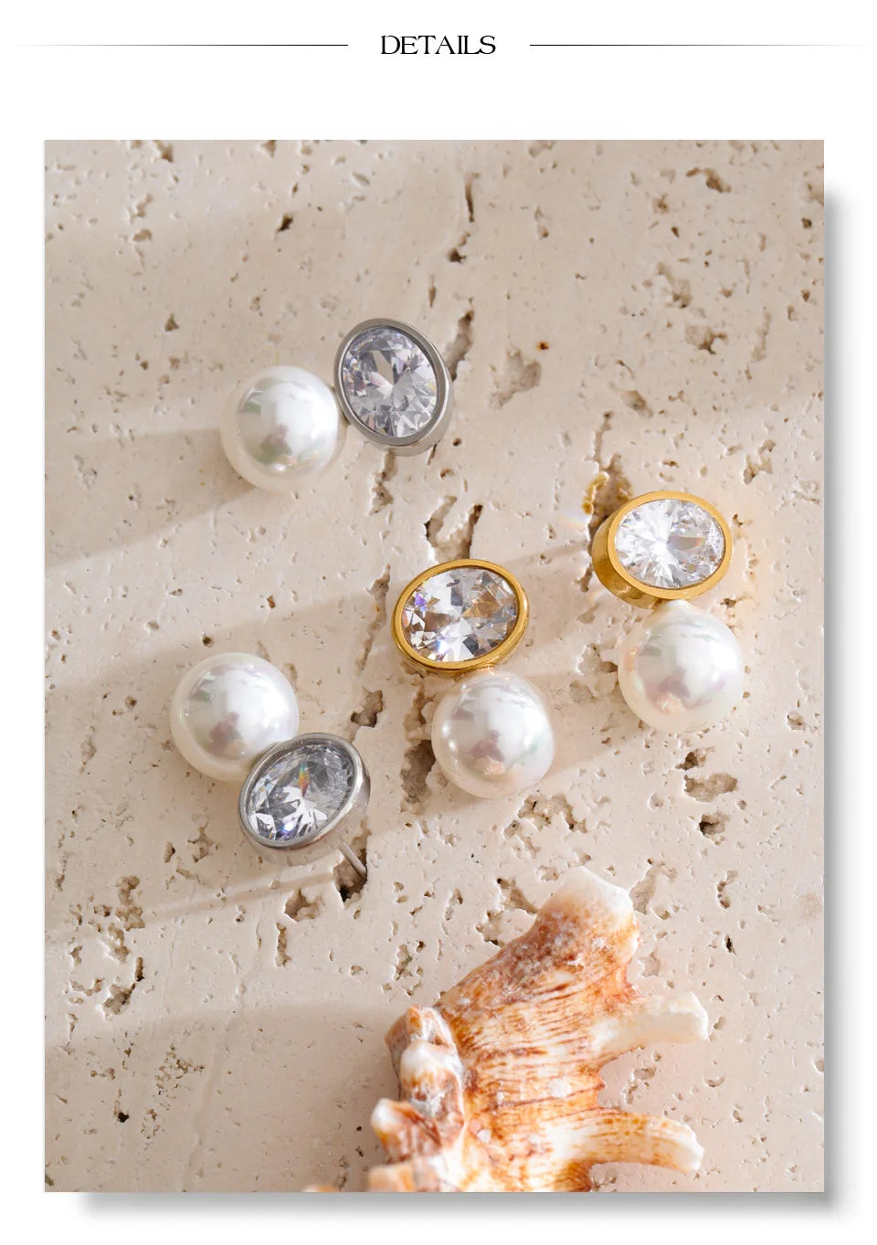Cubic Zirconia Pearl Geometric Earrings — Gold-Plated Stainless Steel with Pearl and Cubic Zirconia · PS1615
