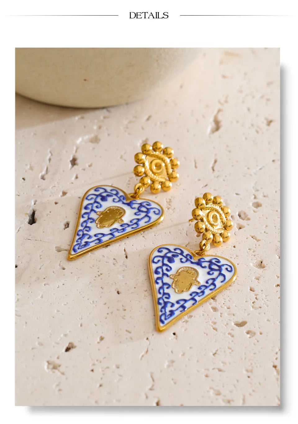 Blue enamel heart earrings in gold-plated stainless steel with enamel.