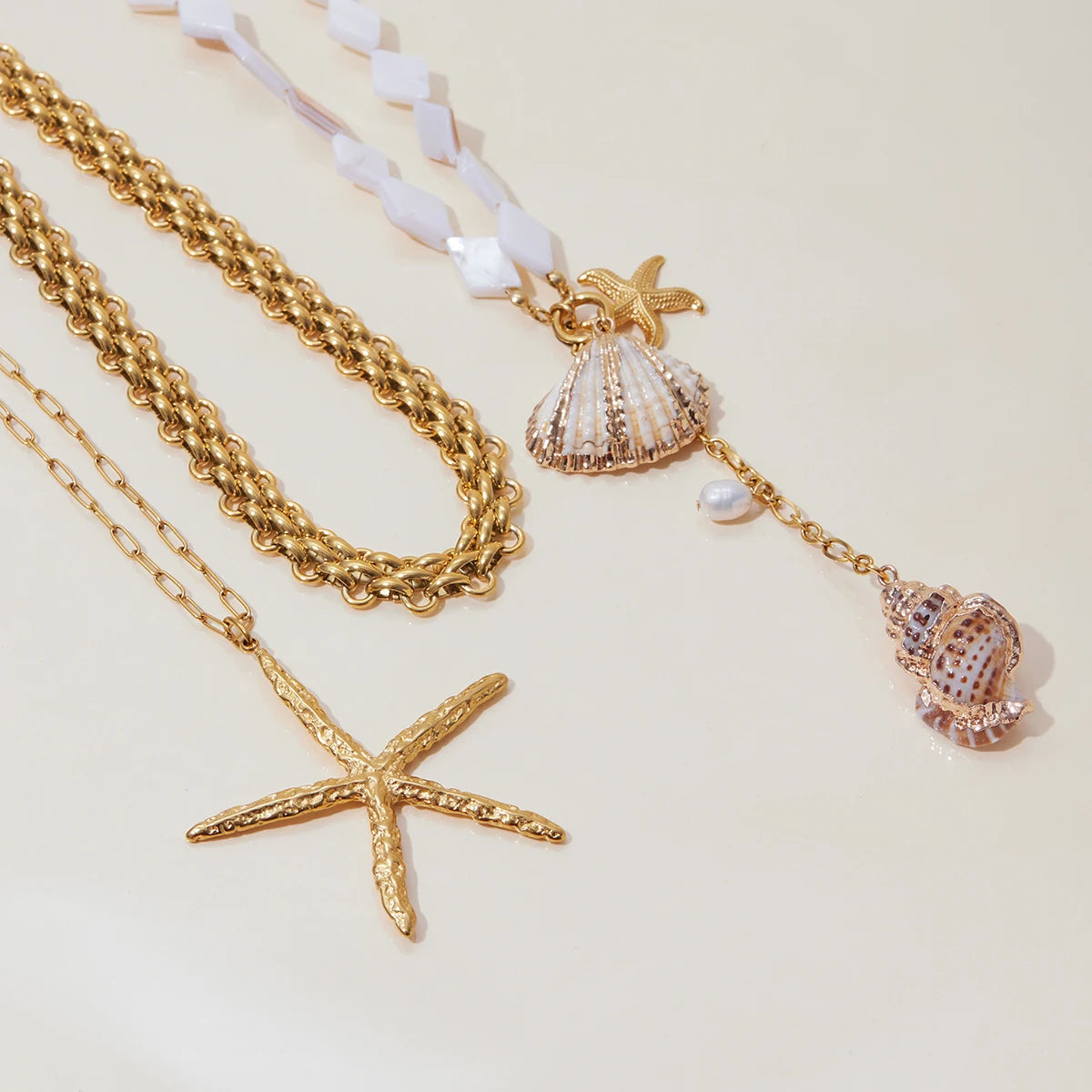 Layered Shell Choker Necklace — Stainless Steel · PS165