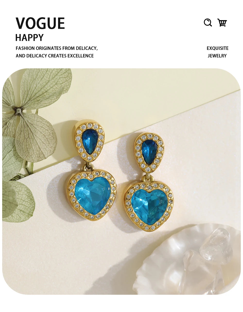 Drop Earrings Vintage Blue Crystal Heart — 316L Stainless Steel · PS466
