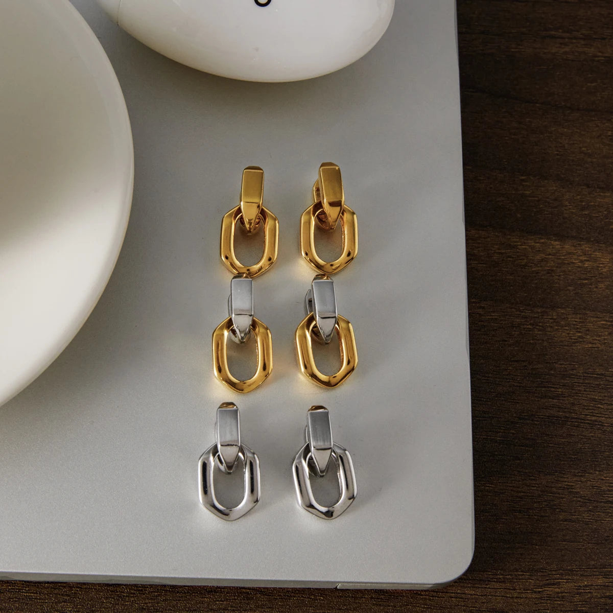 Two-Tone Pet Geometric Earrings — Stainless Steel · PS369