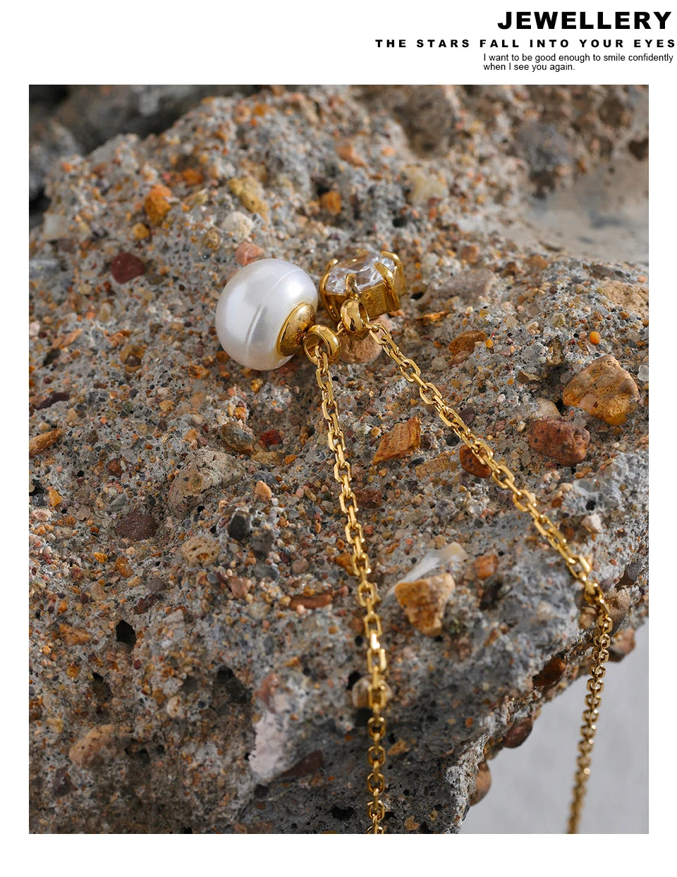 Cubic zirconia pearl geometric necklace in gold-plated stainless steel with pearl and cubic zirconia.