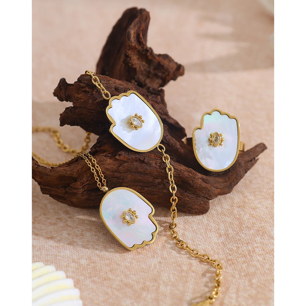 Shell Crystal Charm Necklace Ring — 316L Stainless Steel · PS434