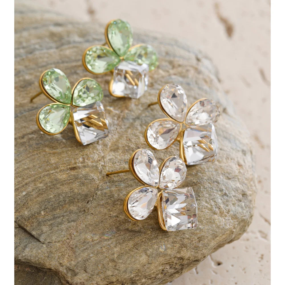 Crystal Flower Geometric Earrings — Gold-Plated Stainless Steel with Crystal · PS1534