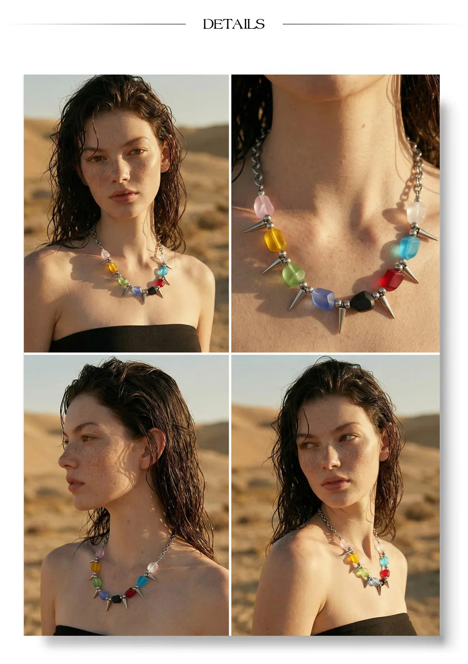 Acrylic natural stone multi-color necklace in gold-plated stainless steel with natural stone and acrylic.