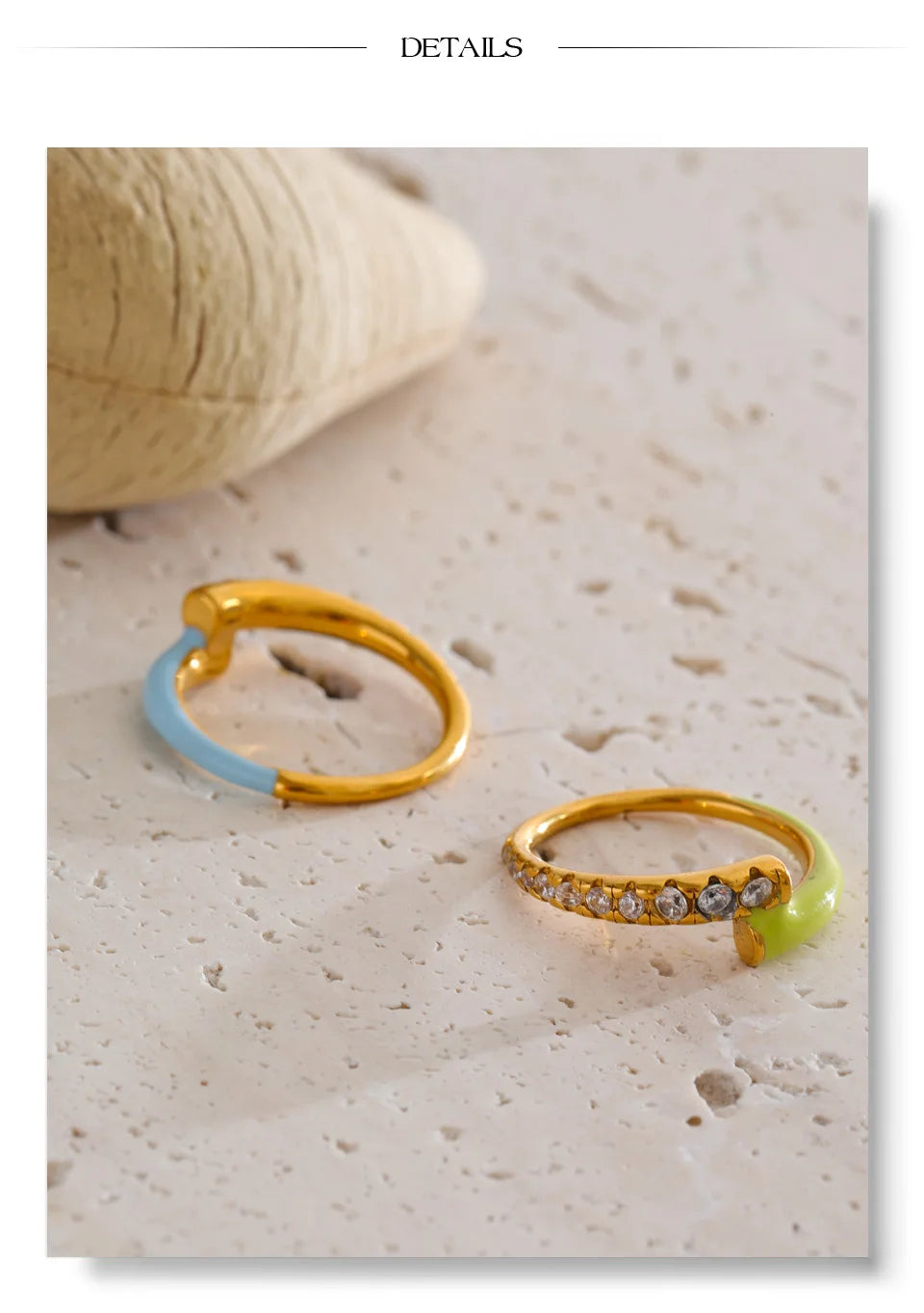 Green cubic zirconia enamel ring in 18K gold-plated stainless steel with cubic zirconia and enamel.