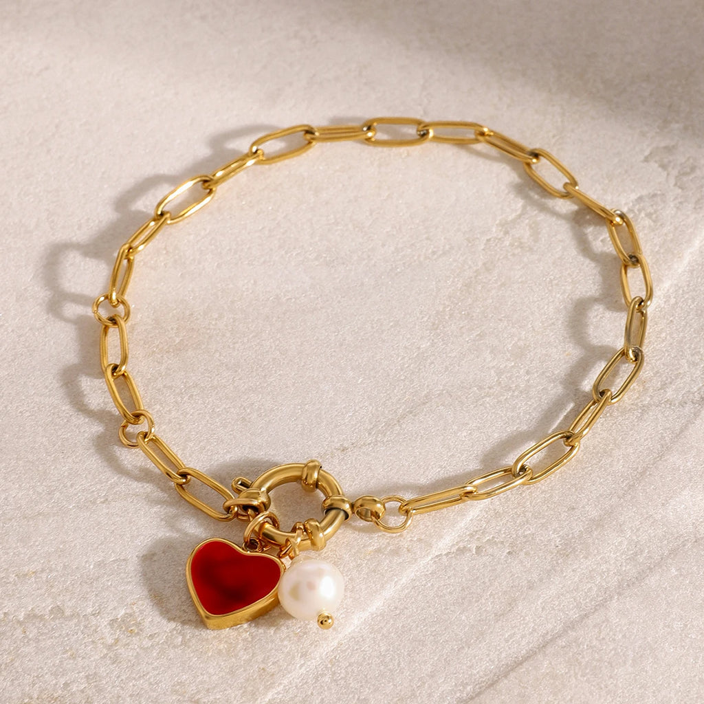 Heart Pearl Chain Bracelet — Stainless Steel · PS032