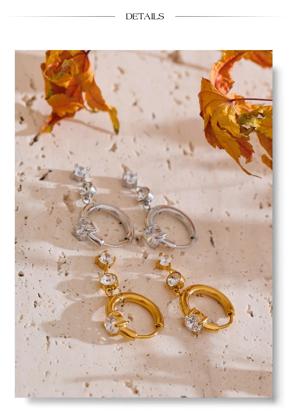 Cubic zirconia geometric earrings in gold-plated stainless steel with cubic zirconia.