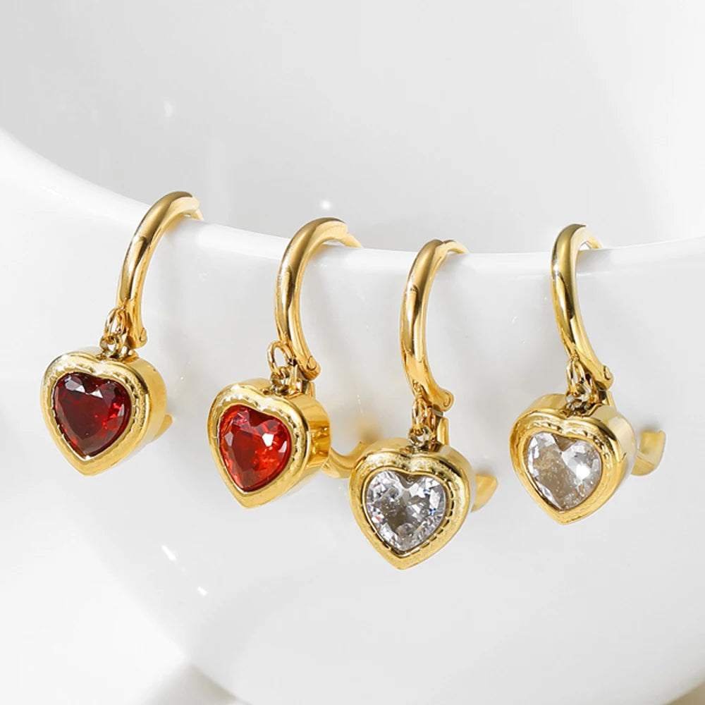 Dangle Earrings Zircon Crystal Heart Charm — 316L Stainless Steel · PS482