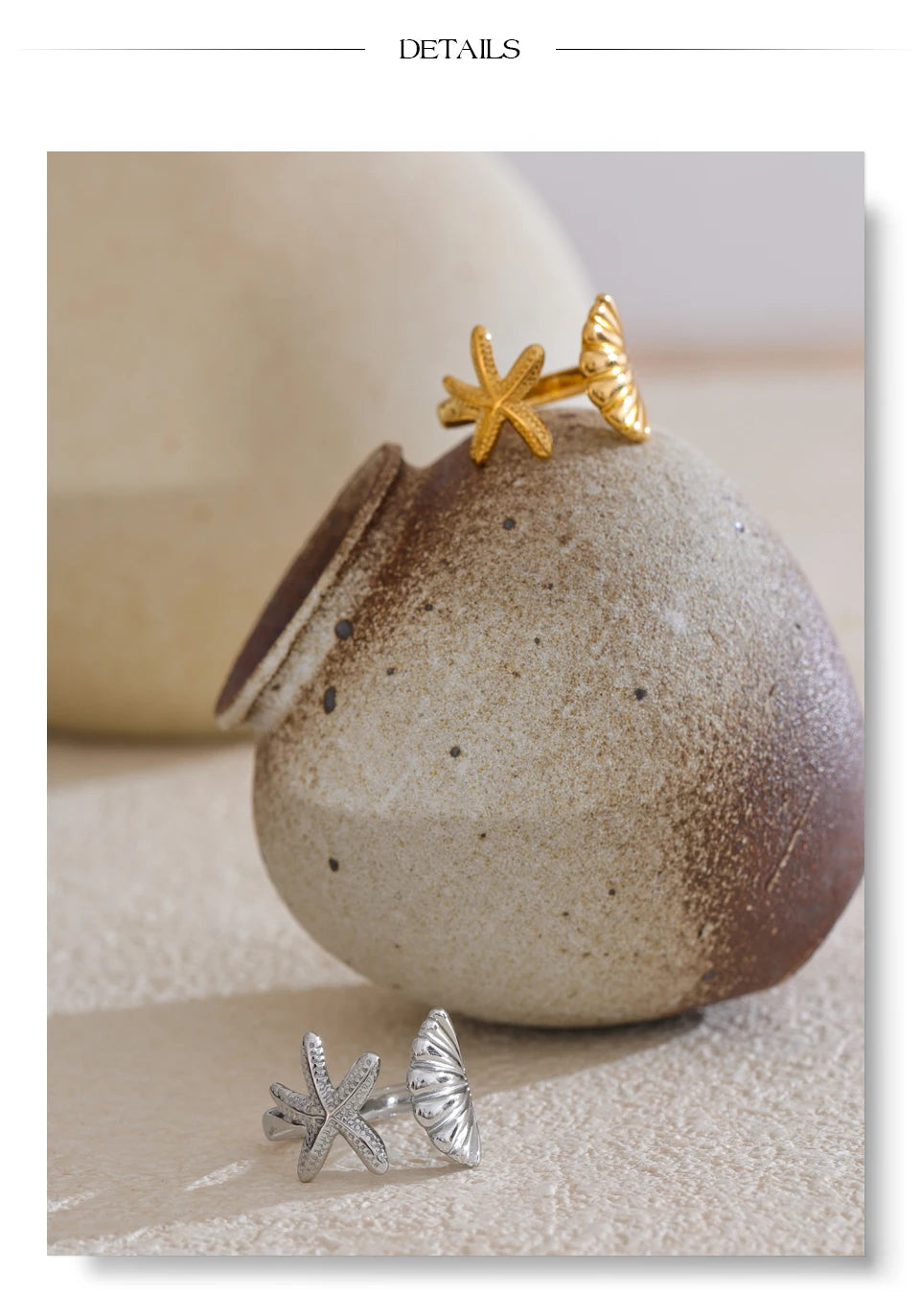 Shell star geometric ring in gold-plated stainless steel with shell.