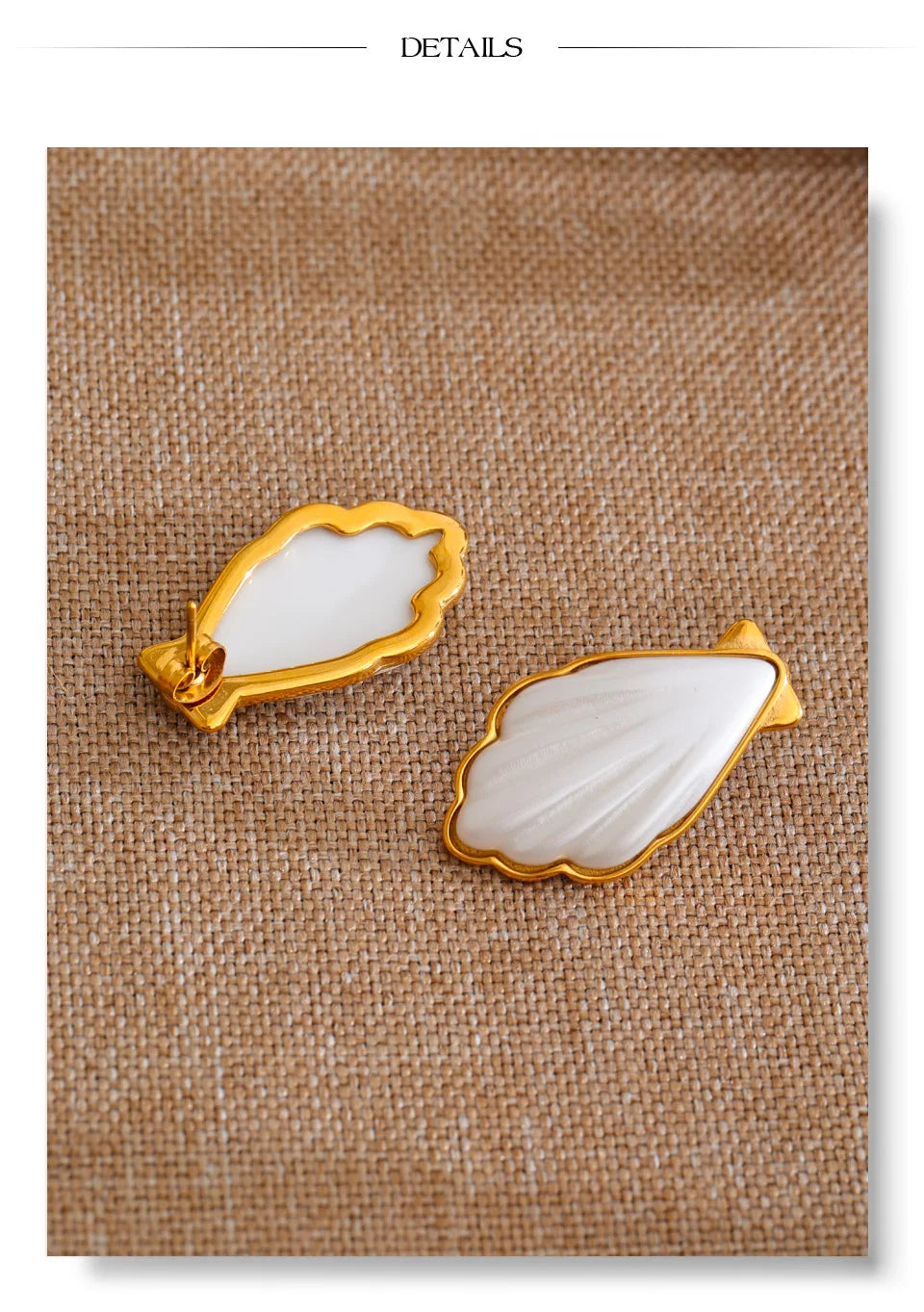 Pearl shell geometric earrings in gold-plated stainless steel with pearl and shell.