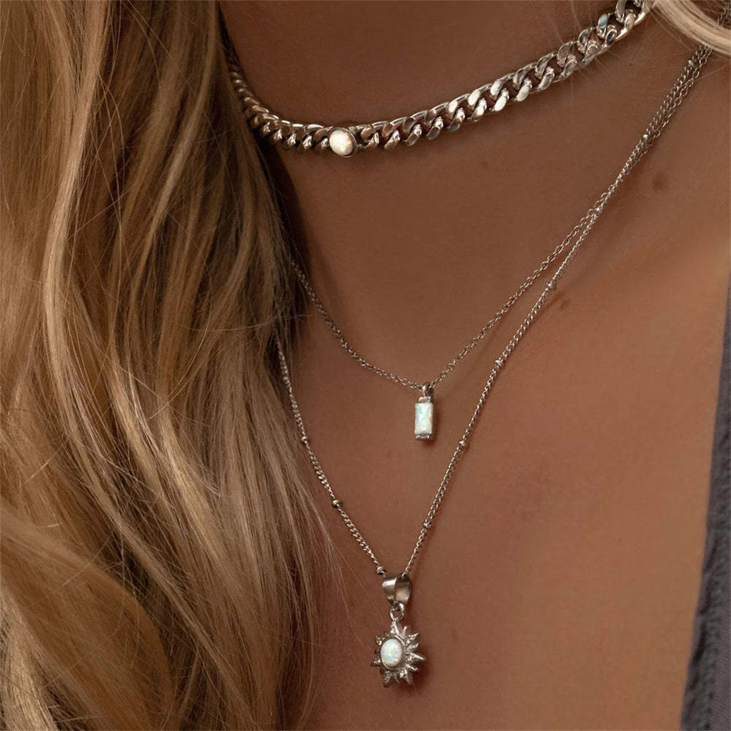 Natural Opal Abstract Sun Pendant Necklace Art Retro Collar Chain Stainless Steel Electroplated True Gold Color Protection