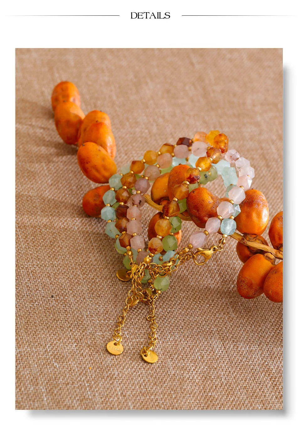 Natural stone beaded multi-color necklace in gold-plated stainless steel with natural stone.