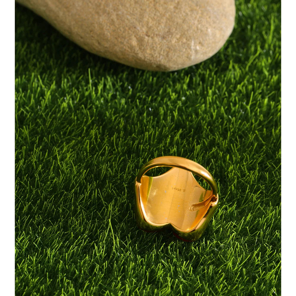 Red natural stone heart ring in 18K gold-plated stainless steel with natural stone.