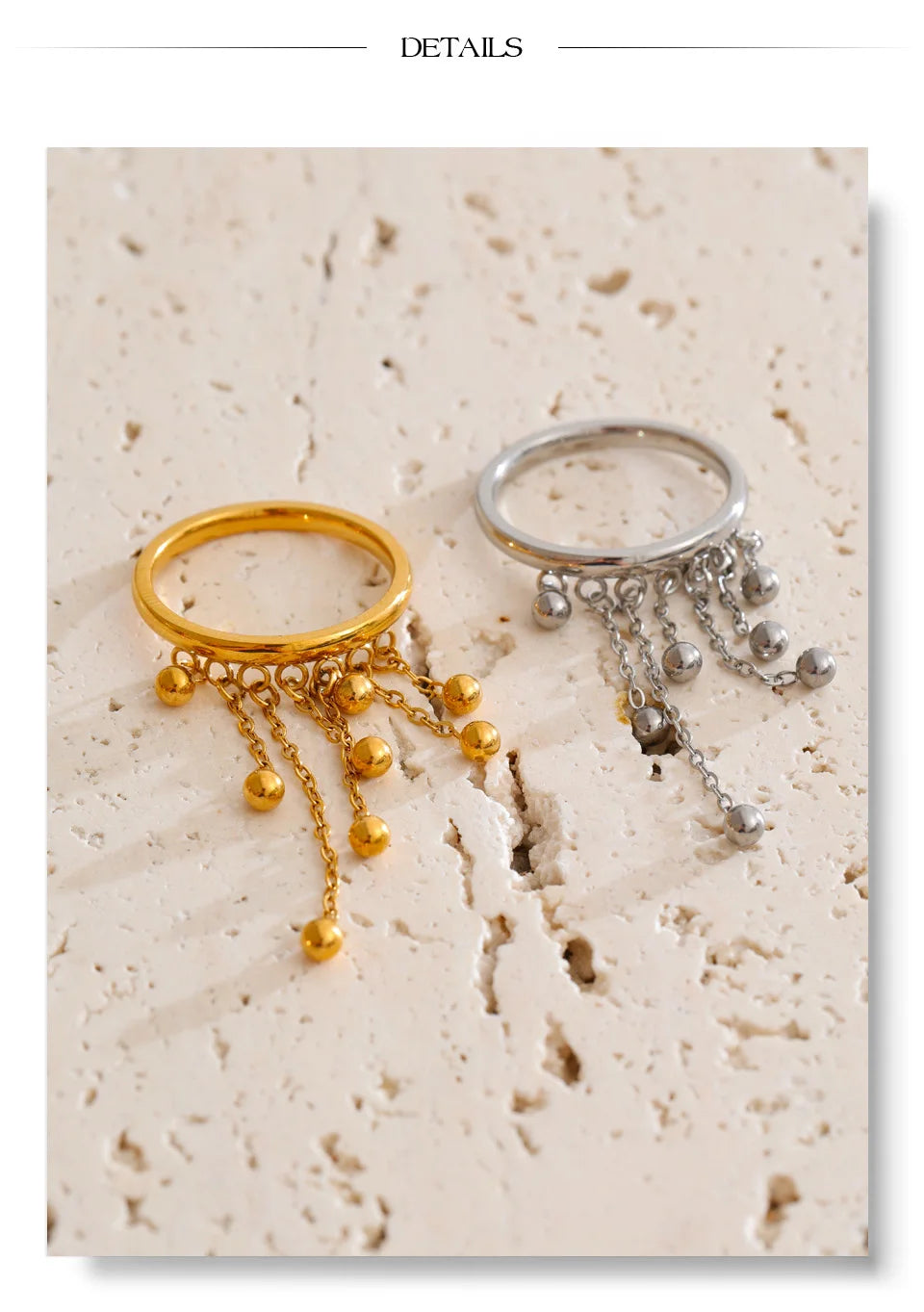 Beaded geometric chain ring in 18K gold-plated stainless steel.
