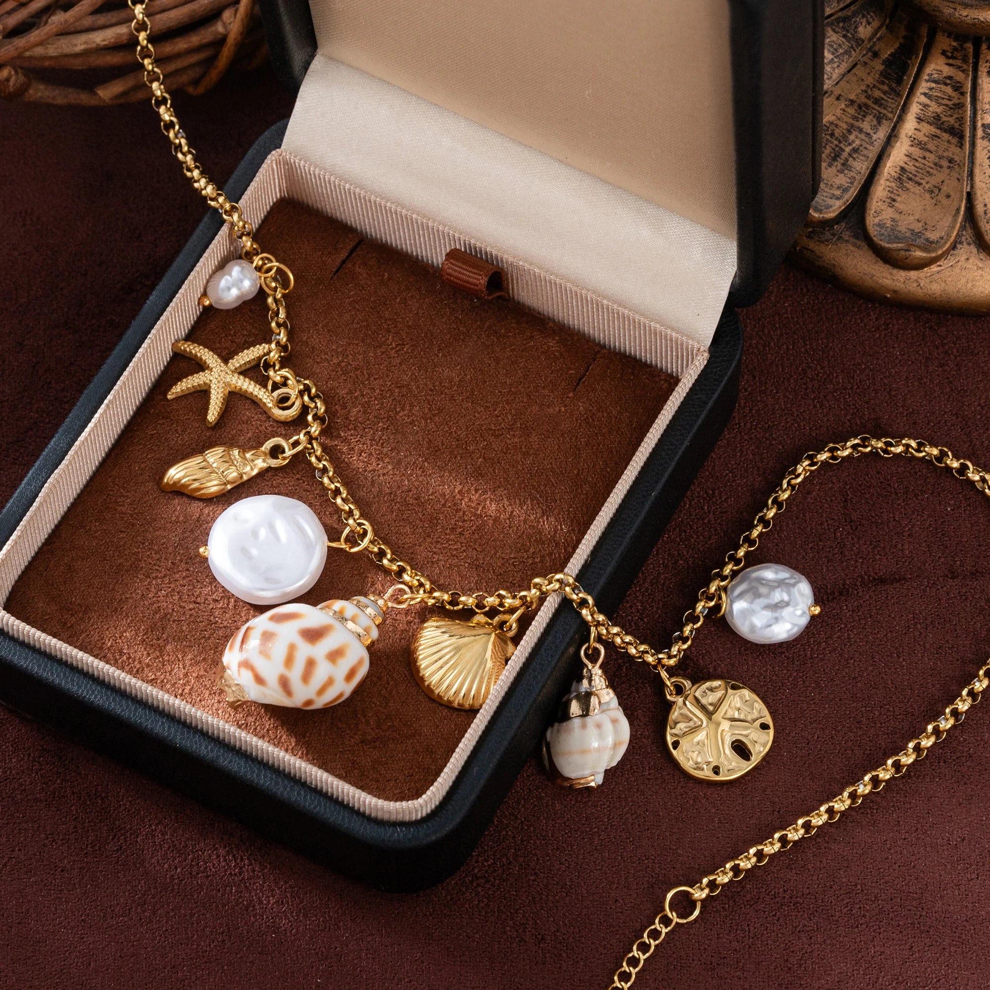 Stainless steel summer beach breeze shell starfish conch pearl necklace vacuum plated 18K gold color retention