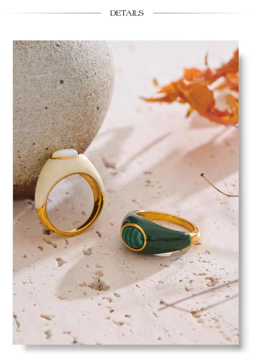 White shell enamel ring in 18K gold-plated stainless steel with natural stone and shell.