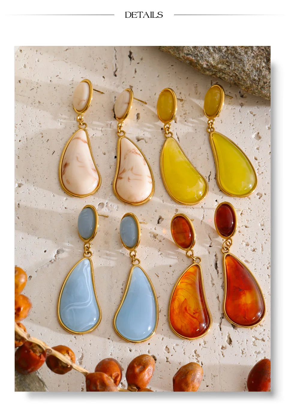 Resin acrylic geometric earrings in gold-plated stainless steel with resin and acrylic.
