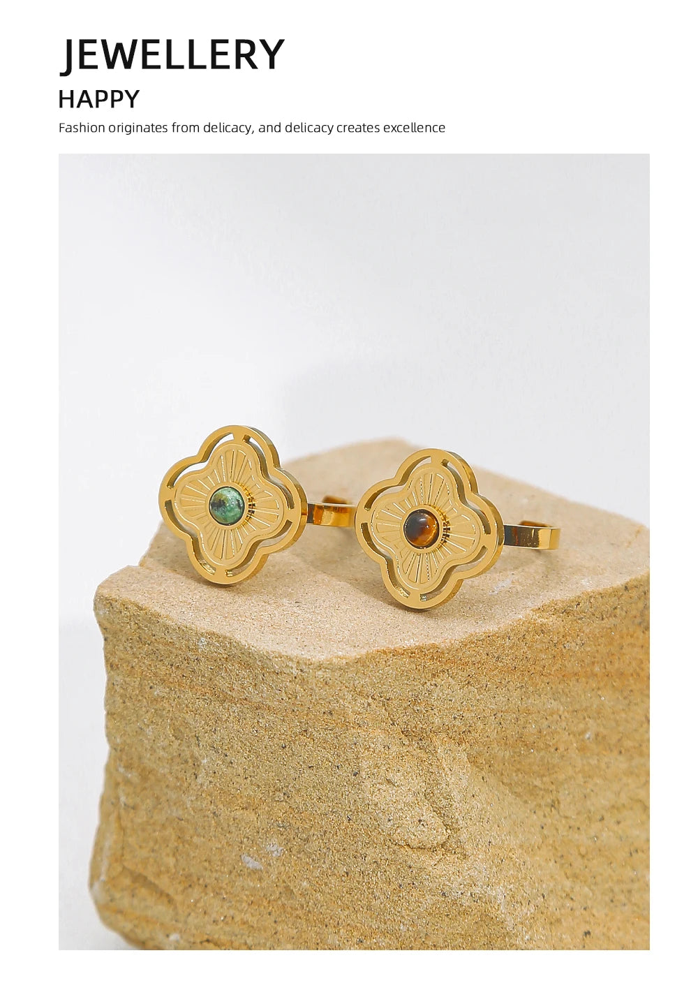 Ring Natural Stone Inlaid In Metal Texture Flowers — 316L Stainless Steel · PS461