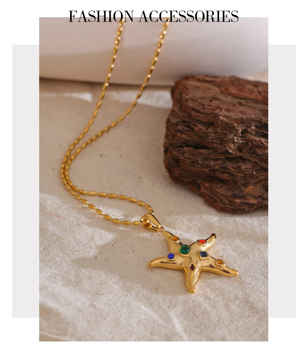 Cubic Zirconia Star Multi-Color Necklace — Gold-Plated Stainless Steel with Cubic Zirconia · PS2308