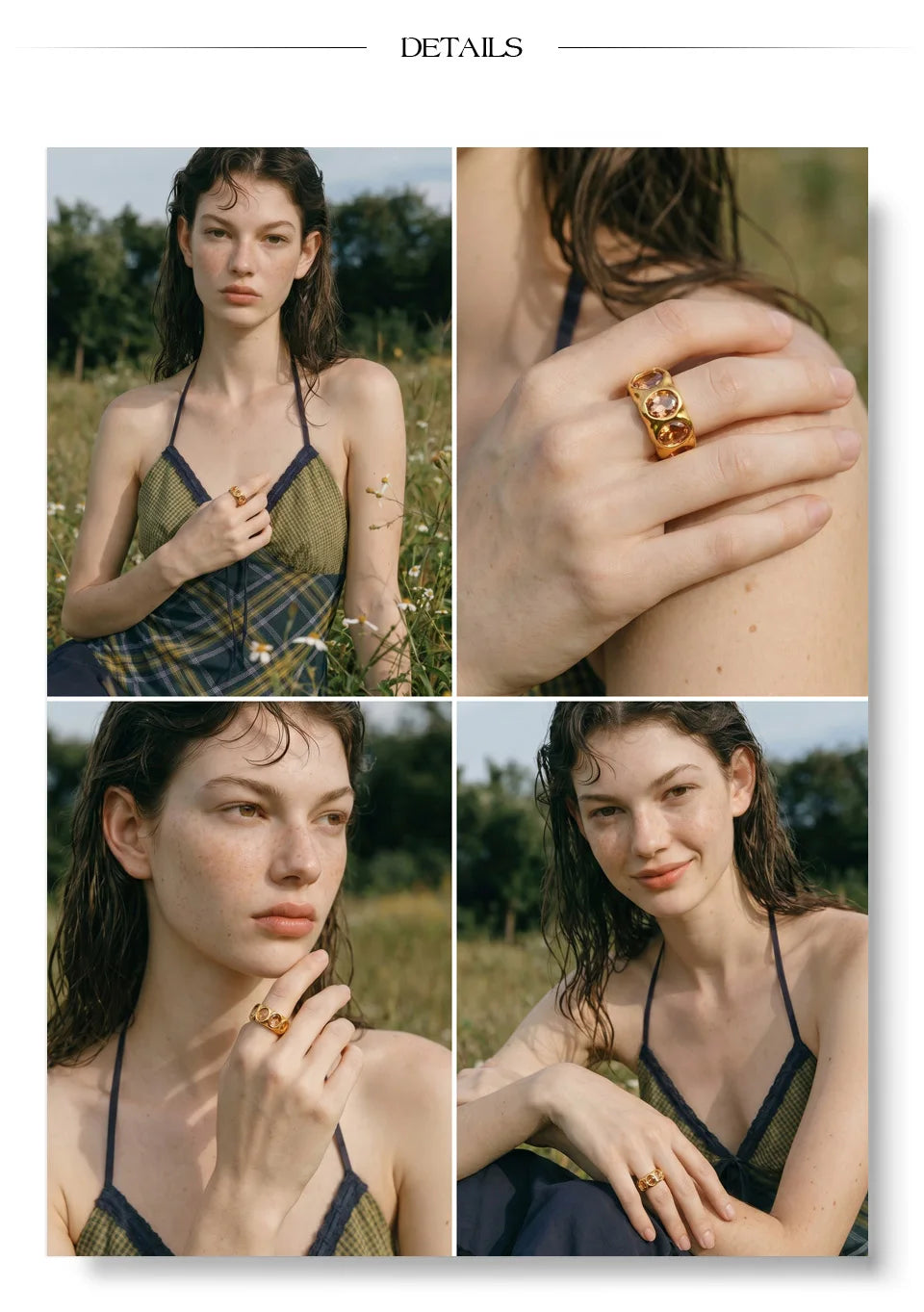 Cubic zirconia geometric ring in 18K gold-plated stainless steel with cubic zirconia.