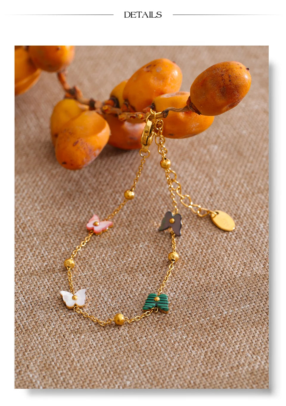 Shell Natural Stone Butterfly Bracelet — Gold-Plated Stainless Steel with Natural Stone and Shell · PS1015