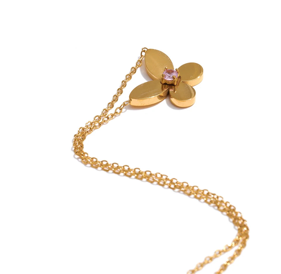Cubic zirconia butterfly necklace in gold-plated stainless steel with cubic zirconia.