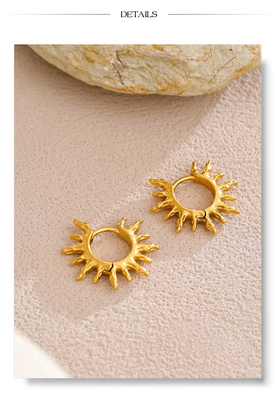 Star sun hammered earrings in gold-plated stainless steel.