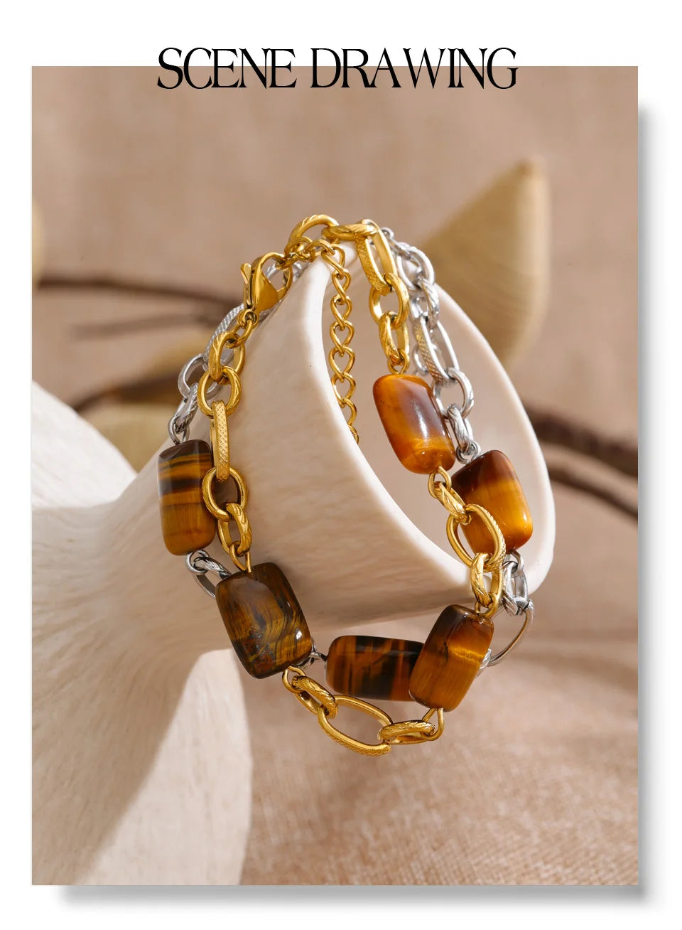 Natural Stone Geometric Chain Bracelet — Gold-Plated Stainless Steel with Natural Stone · PS984