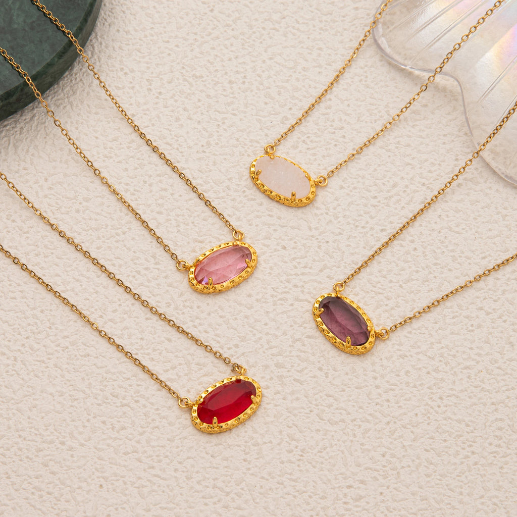 Colorful zircon necklace, natural stone, bone chain, oval, fashionable, popular, niche, personalized jewelry, gold-plated