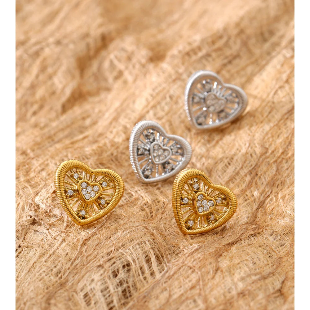 Cubic Zirconia Heart Earrings — Gold-Plated Stainless Steel with Cubic Zirconia · PS929
