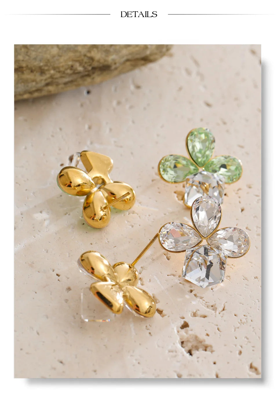 Crystal Flower Geometric Earrings — Gold-Plated Stainless Steel with Crystal · PS1534