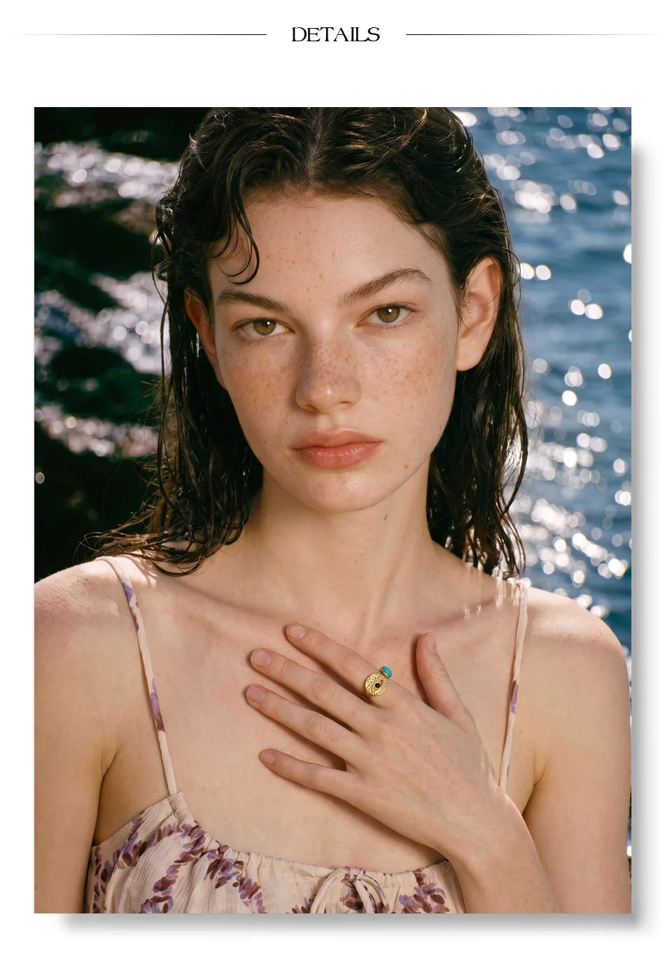 Cubic zirconia natural stone geometric ring in 18K gold-plated stainless steel with cubic zirconia and natural stone.