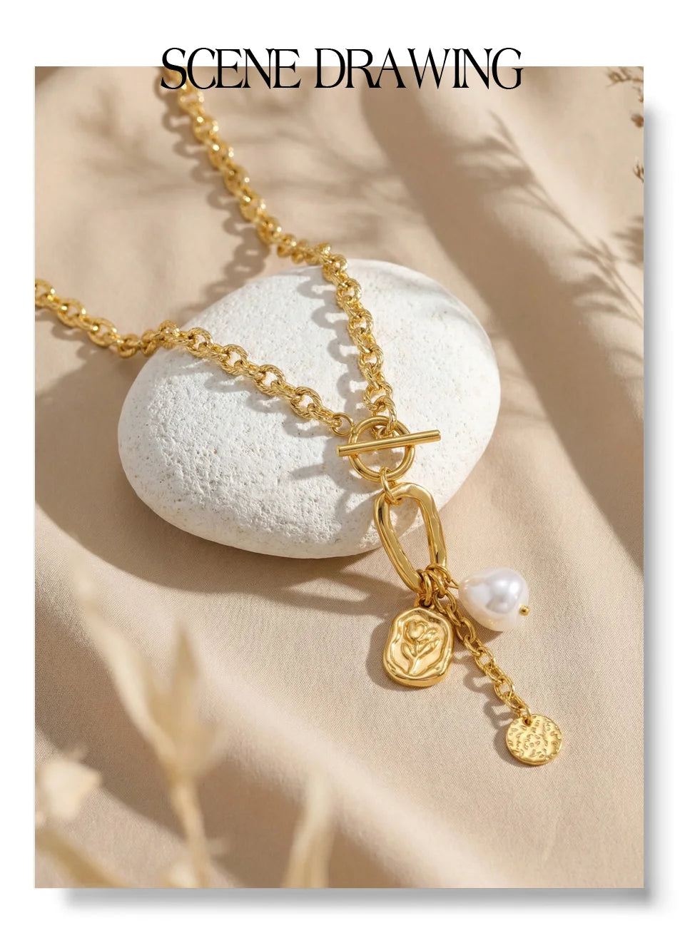 Pearl flower geometric necklace in gold-plated stainless steel with pearl.