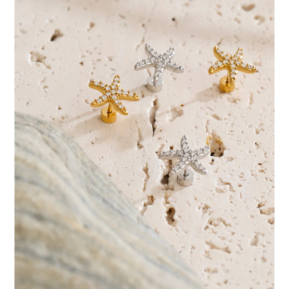 Cubic Zirconia Star Earrings — Gold-Plated Stainless Steel with Cubic Zirconia · PS1525
