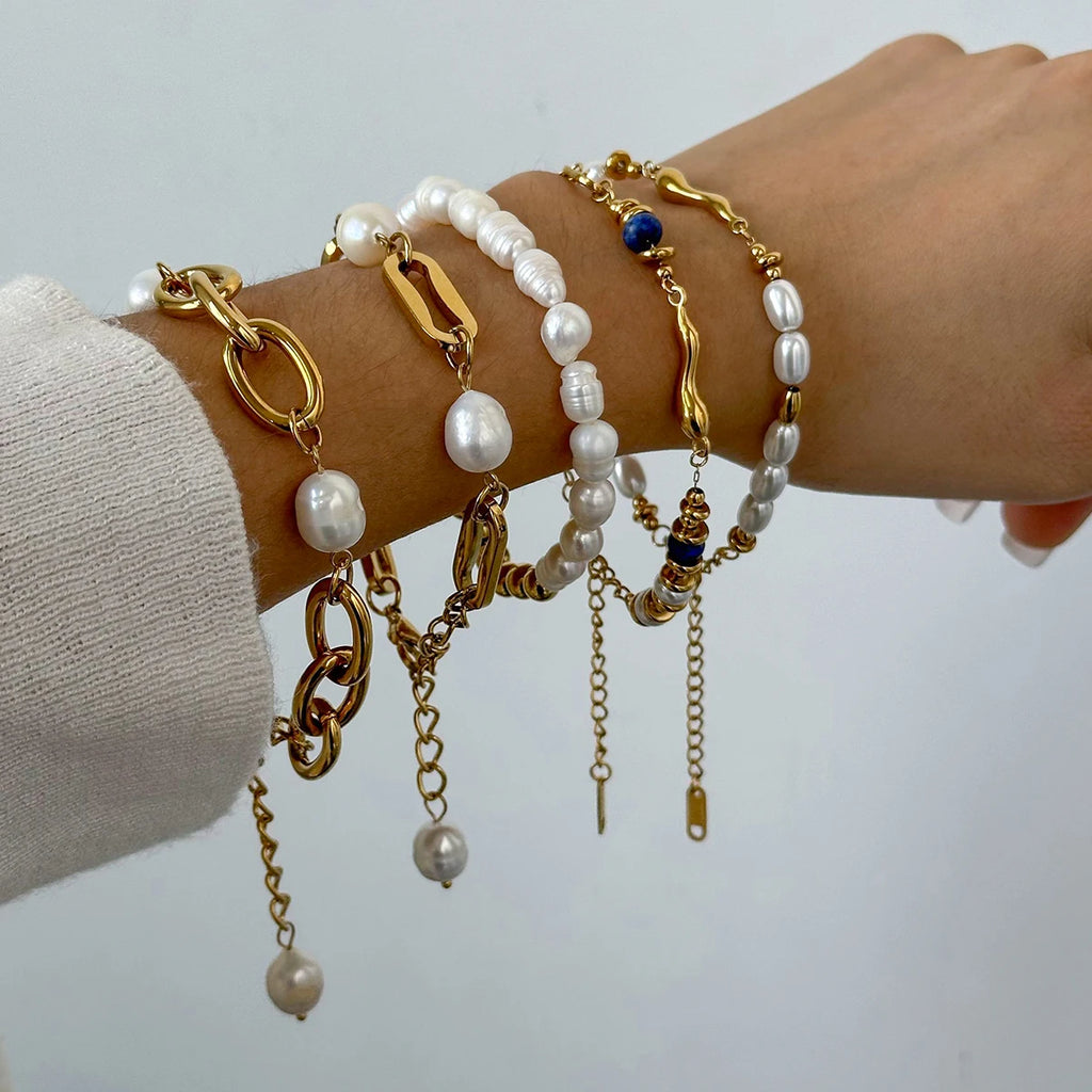 Pearl Chain Bracelet Stack — Stainless Steel · PS025