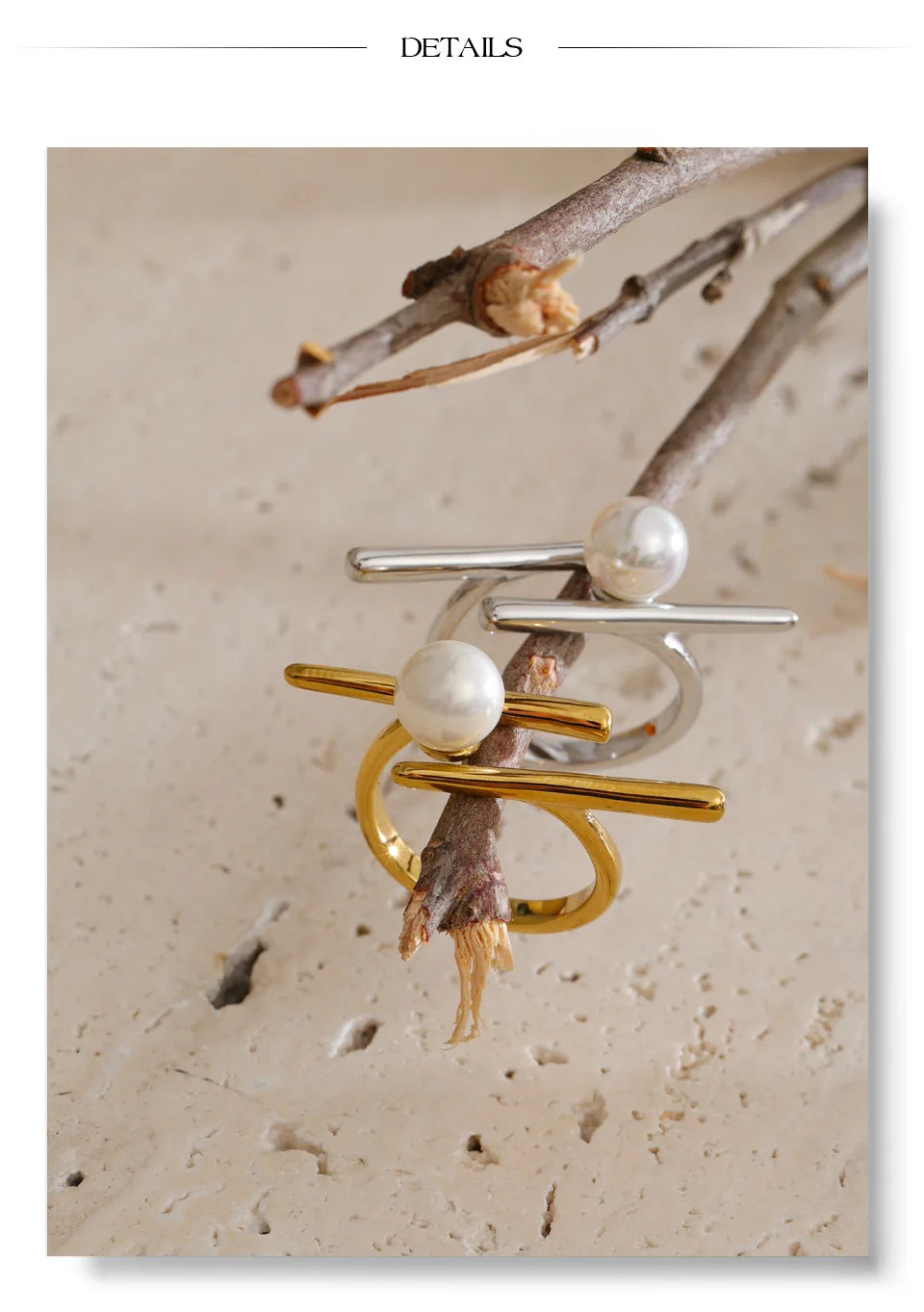 Pearl geometric ring in 18K gold-plated stainless steel with pearl.