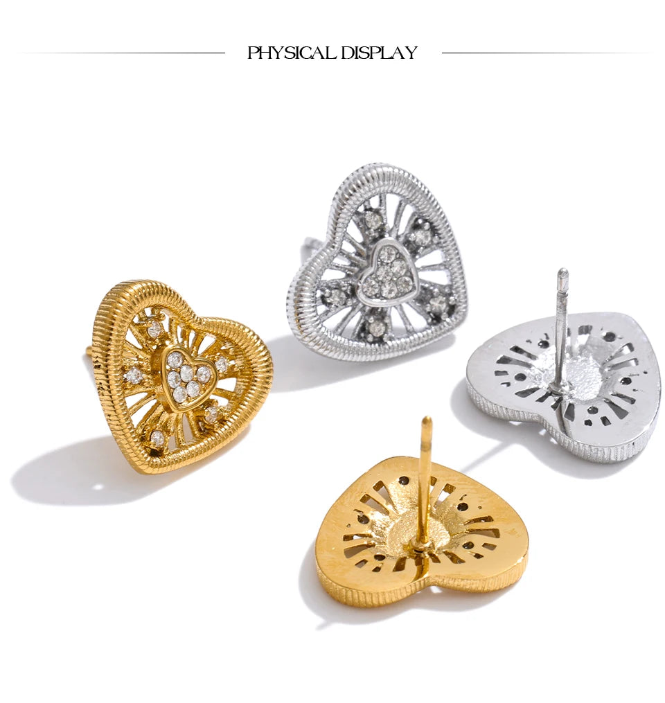 Cubic Zirconia Heart Earrings — Gold-Plated Stainless Steel with Cubic Zirconia · PS929